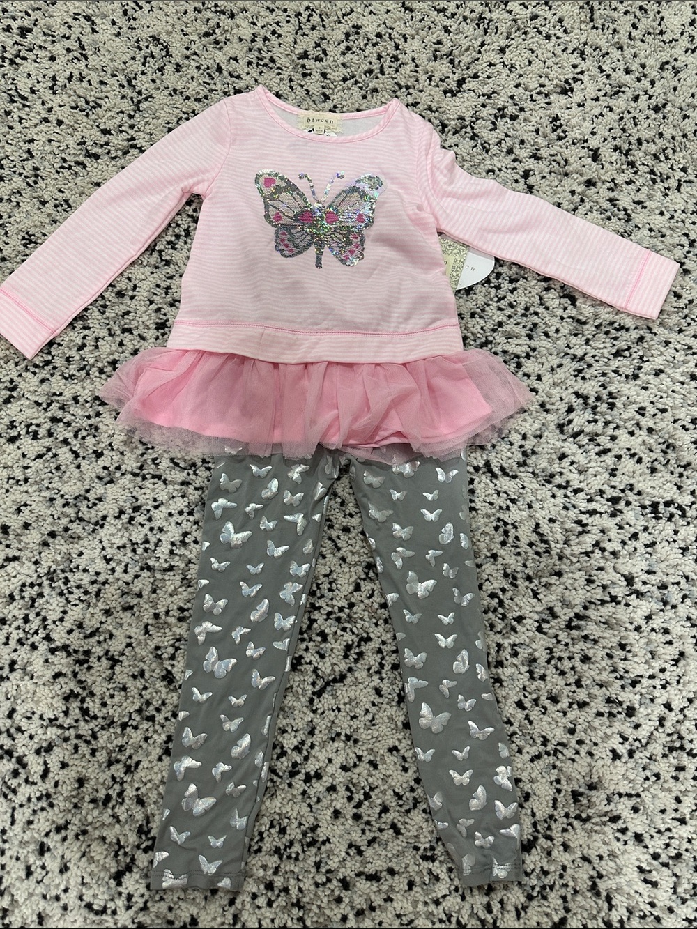 btween Pink Striped Top with Iridescent Sequin Butterfly